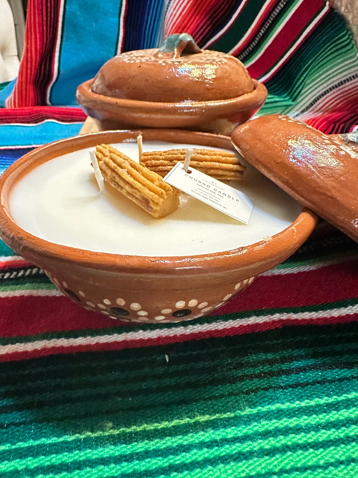 Churro Candle in hand painted clay pot w/lid
