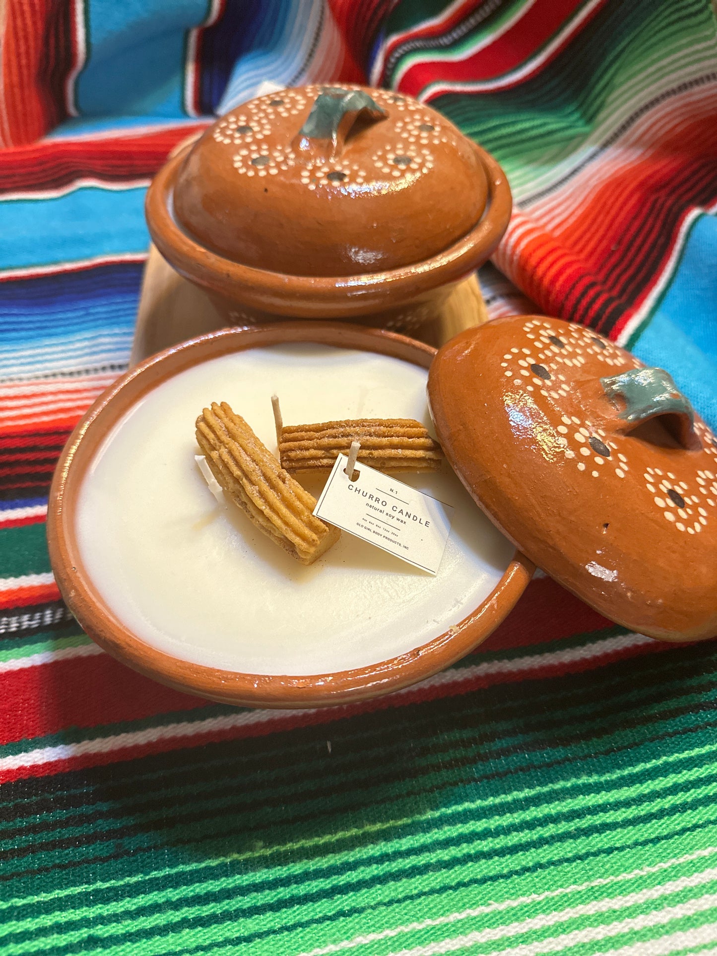 Churro Candle in hand painted clay pot w/lid
