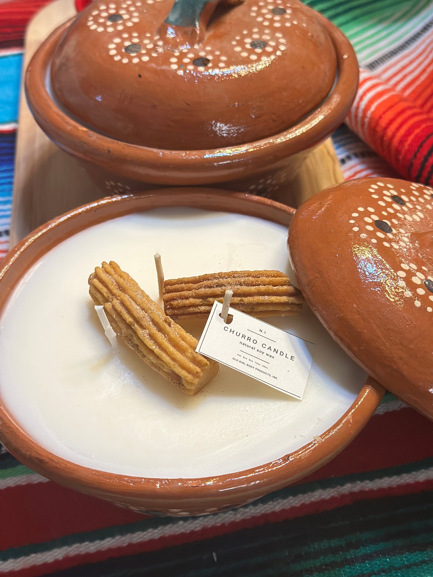 Churro Candle in hand painted clay pot w/lid