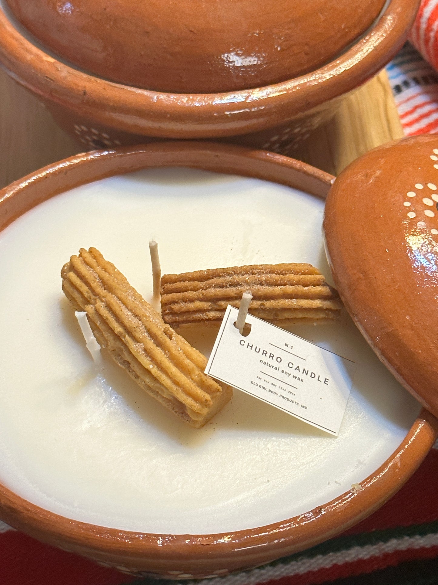 Churro Candle in hand painted clay pot w/lid
