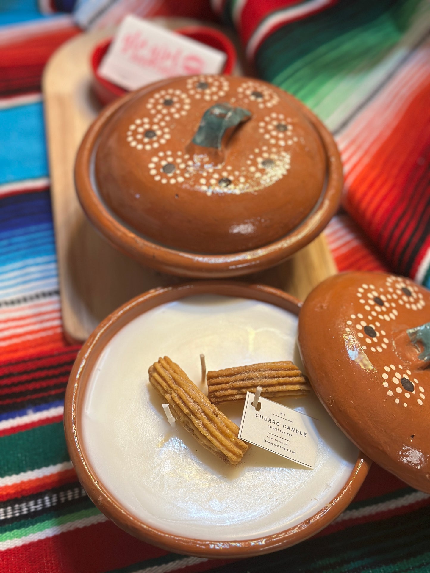 Churro Candle in hand painted clay pot w/lid