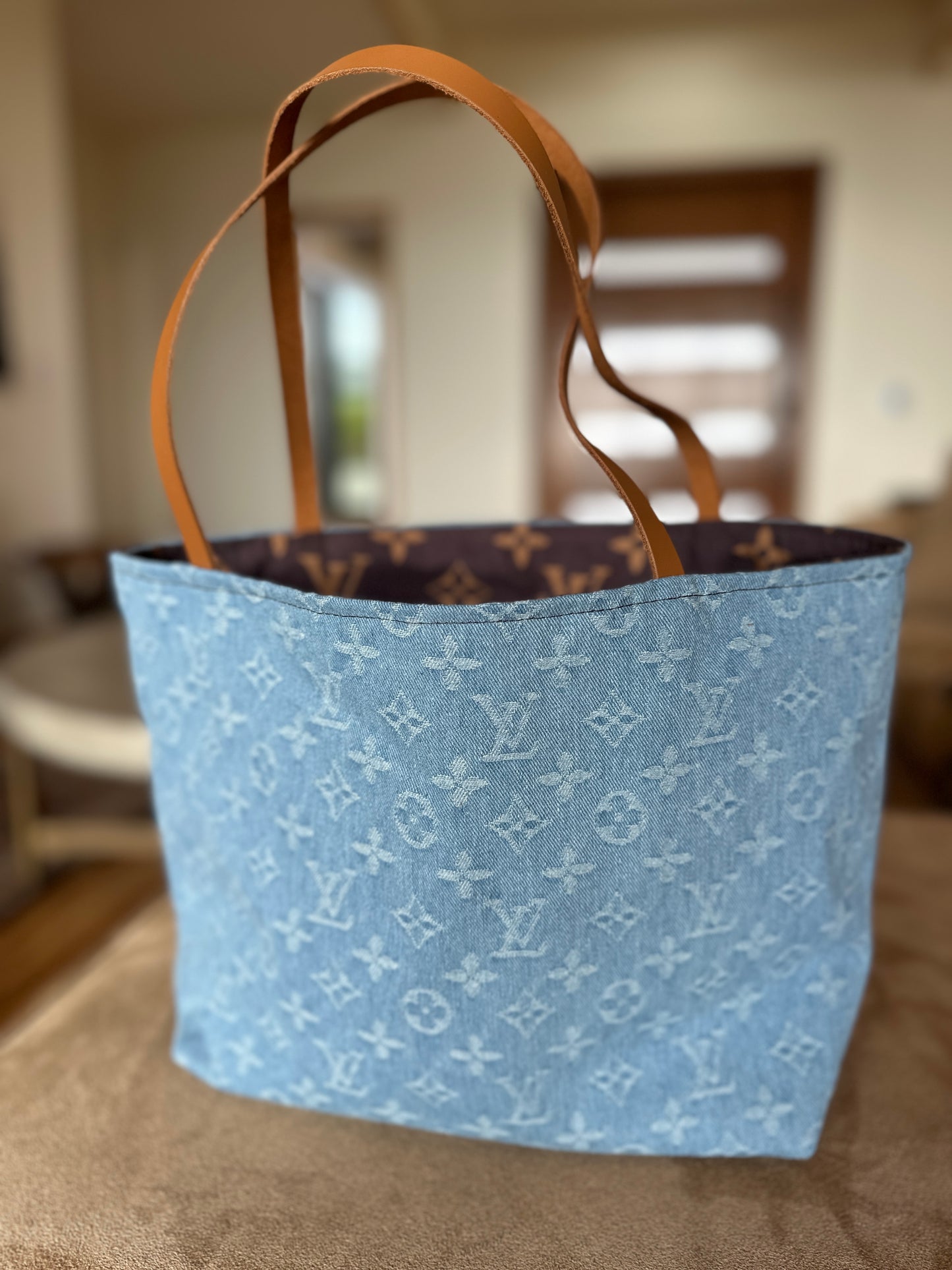 Handmade Reversible Tote – Upcycled LV Denim & Brown LV Cotton
