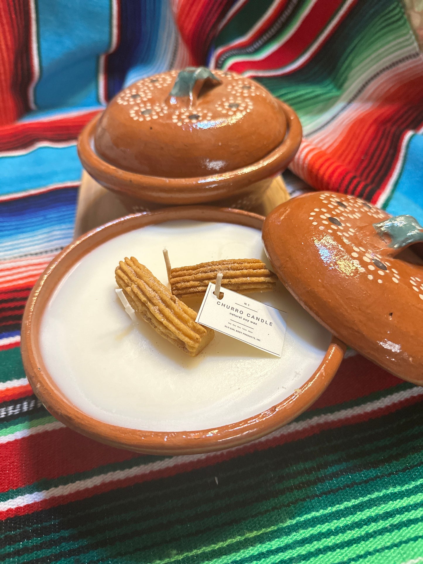 Churro Candle in hand painted clay pot w/lid