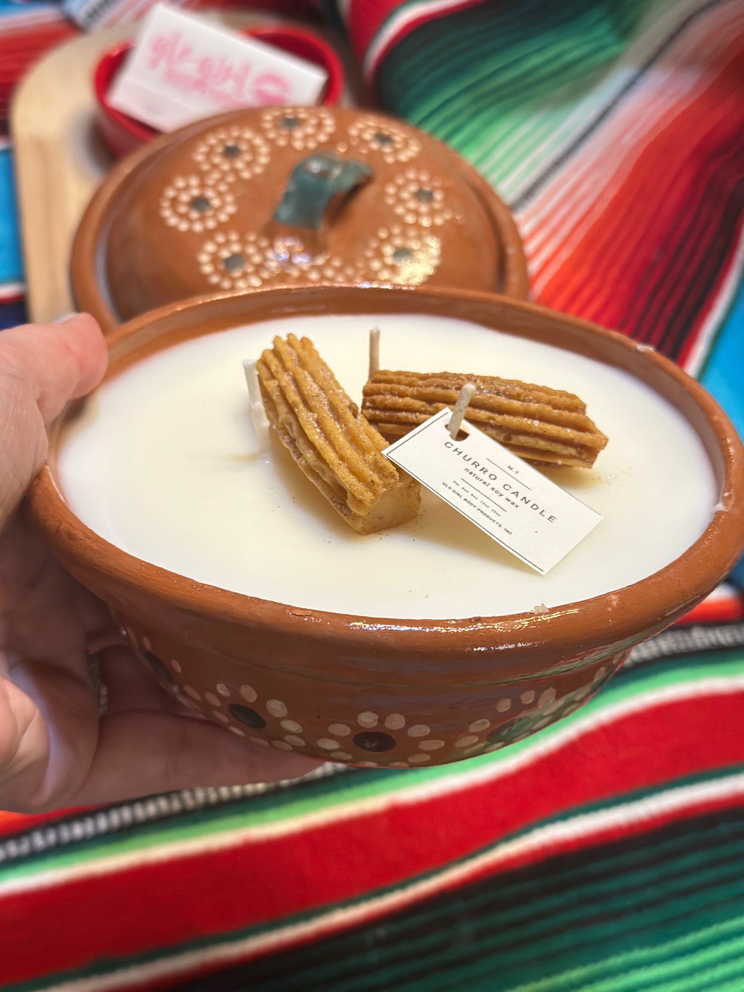 Churro Candle in hand painted clay pot w/lid