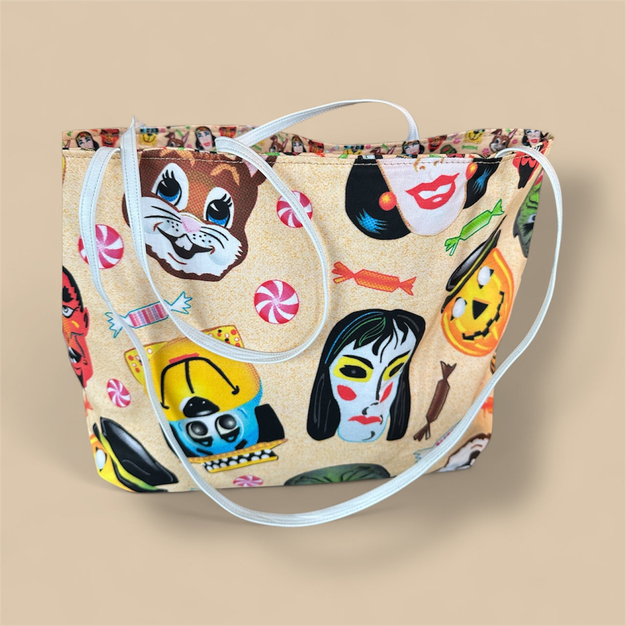 Vintage Halloween Mask Tote – Reversible Trick-or-Treat Edition